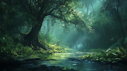 Luminescent Forest Stream Enveloped in Ethereal Mist and Golden Light