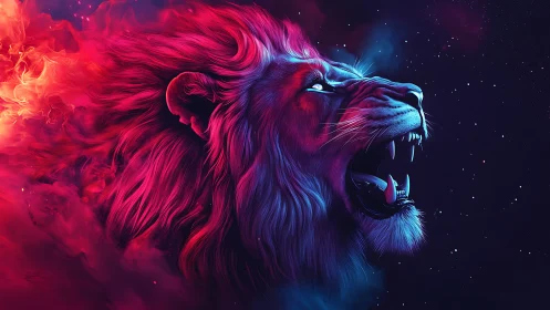 Stellar firemane lion roaring through galactic neon night.