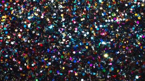 Macro view of multicolor metallic glitter confetti field.