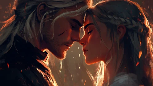 Two figures in golden firelight sharing intimate moment face to face