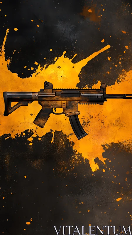 Splatter-forged rifle silhouette over molten amber storm.