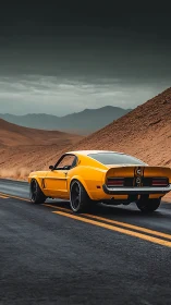 Yellow muscle car powers through empty desert highway