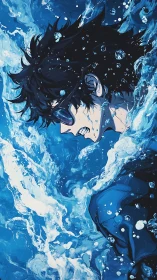 Storm-tossed swimmer erupts through sapphire tidal chaos.