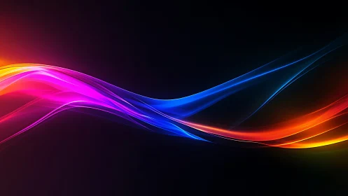 Vibrant neon light waves flow across a deep black void