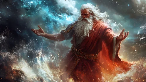 Storm-woven elder commands roaring cosmic tides of light.