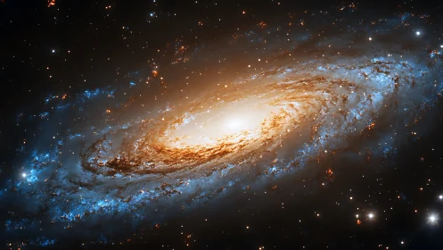 Glowing spiral galaxy swirls through deep cosmic darkness