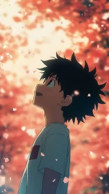 Anime boy gazing upward under soft glowing blossoms.