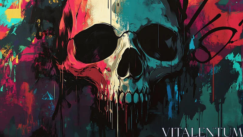Neon skull graffiti merges chaos with vivid abstract strokes.