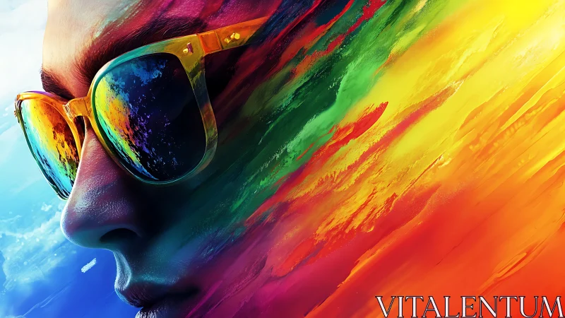 Portrait merges reflective sunglasses with fluid color spectrum.