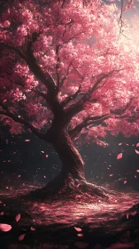 Solitary cherry blossom tree rendered in dramatic digital chiaroscuro