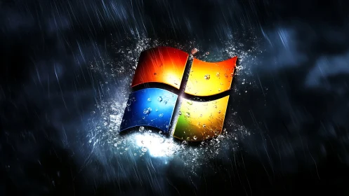 Windows style logo in dark rain with water splash effect.