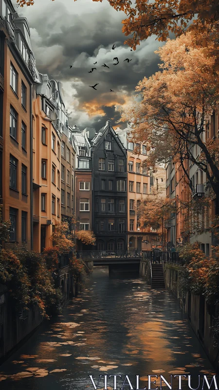 Moody autumn canal between historic city buildings at dusk.