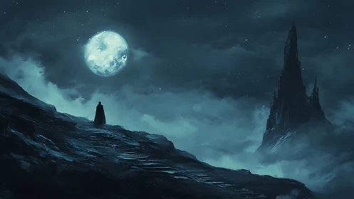 Solitary cloaked figure studies luminous moon above dark spire