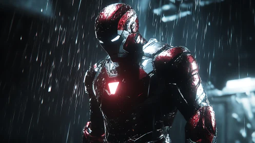 Armored humanoid figure rendered under heavy artificial rain