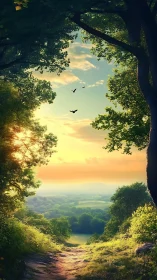 Forest Portal Awakens: Where Ancient Trees Frame a Golden Sky.