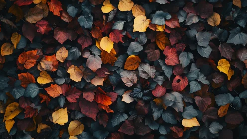 Overhead view of multicolored fallen foliage on dark ground.