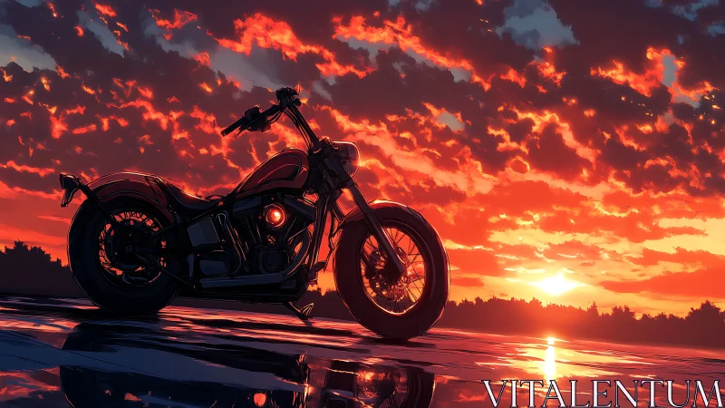 Custom motorcycle silhouette cuts across hyper-saturated sunset