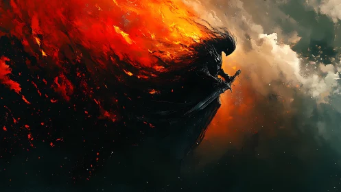Flaming dark knight emerges from stormlit inferno sky