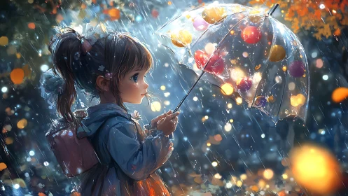 Little girl holds transparent umbrella under glowing rain