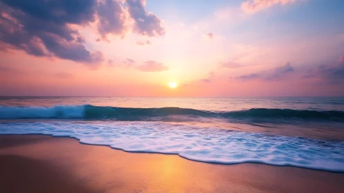 Pastel sunset glows above tranquil ocean shoreline panorama.