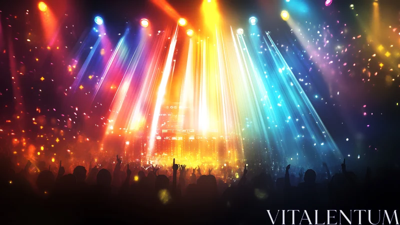 Crowd silhouettes stand under multicolored concert stage lights