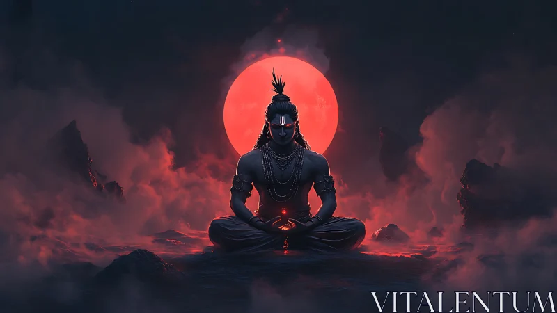Meditating deity glows in front of a burning red moon