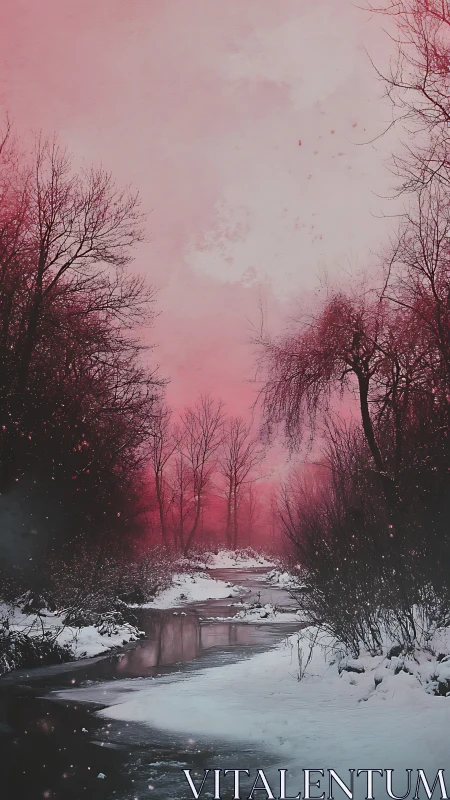 Crimson winter creek winds through a silent snowy forest.