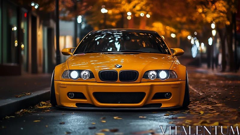 Urban night portrait of lowered yellow BMW on wet street.