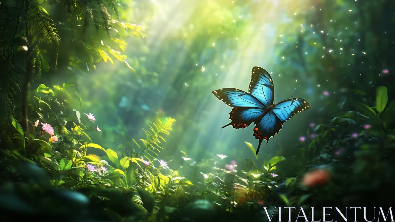 Blue butterfly in lush sunlit forest clearing in flight.