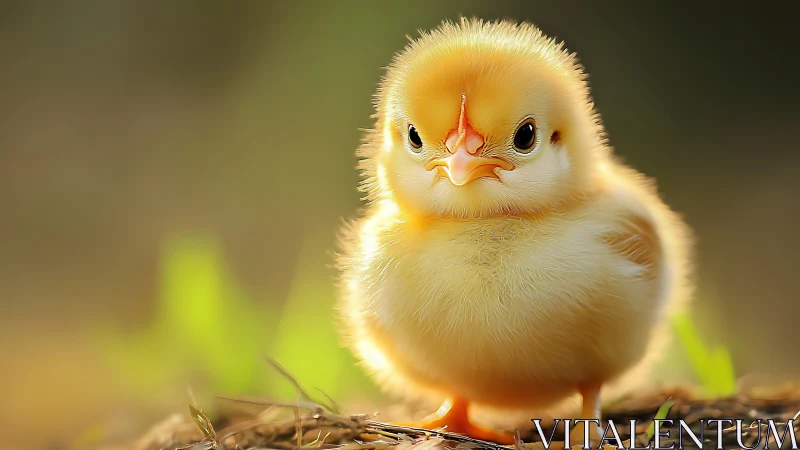 Young chick with fluffy yellow plumage portrait.