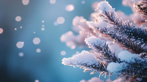 Snow dusted evergreen needles with soft winter bokeh glow.
