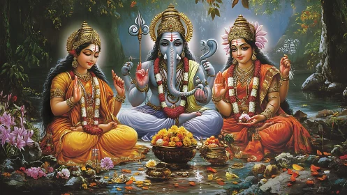 Divine Hindu deities in ornate woodland shrine with offerings.