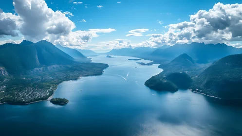 Sky-road over sapphire fjord and brooding green mountains.