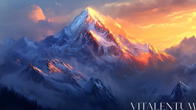 Sunlit mountain peaks wrapped in misty twilight calm.