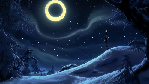 Snow-covered hillside under luminous ringed moonlit sky.