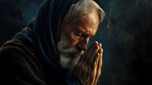 Elderly man in dark hooded cloak praying in deep focus.