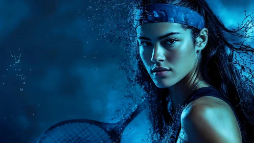 Hydrodynamic tennis portrait with blue spectral lighting.