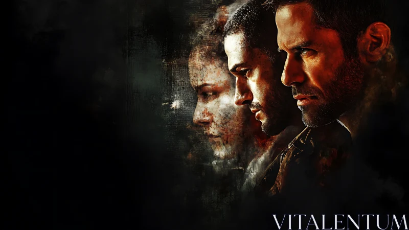 Intense male profiles in layered dark cinematic portrait.