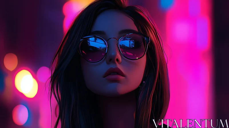 Neon night muse in mirrored shades beneath electric skies.