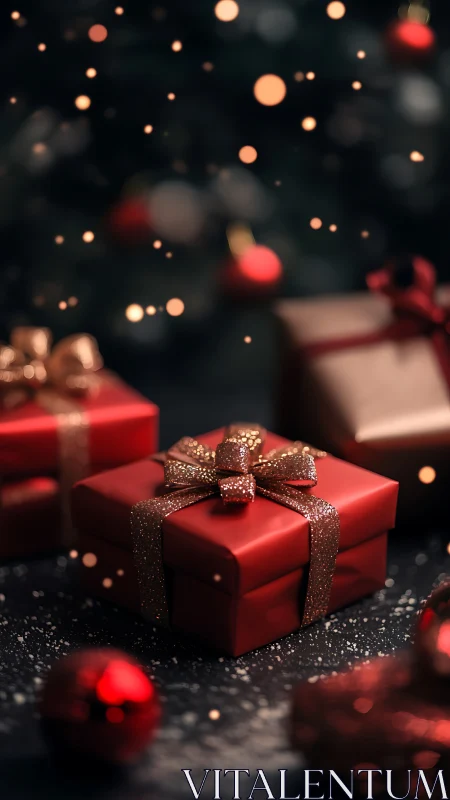 Red Christmas gift boxes with golden ribbons and bokeh glow.