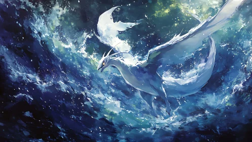 Ocean dragon surges through luminous swirling waves.