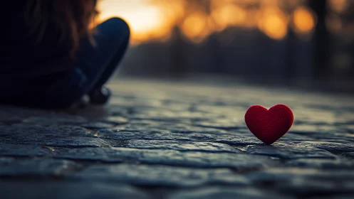 Solitary Red Heart on Rain-Washed Stone Surface.