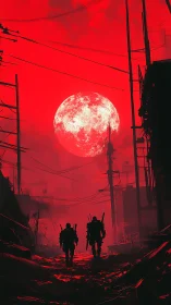 Blood-red moon over ruined cyber alley with two soldiers.