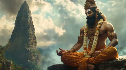 Mythic yogic ascetic in dynamic cloud-lit mountain environment.