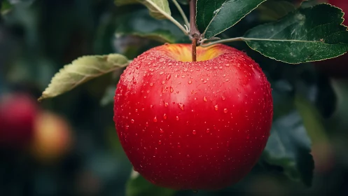 Ripe red apple with water droplets in soft orchard bokeh.