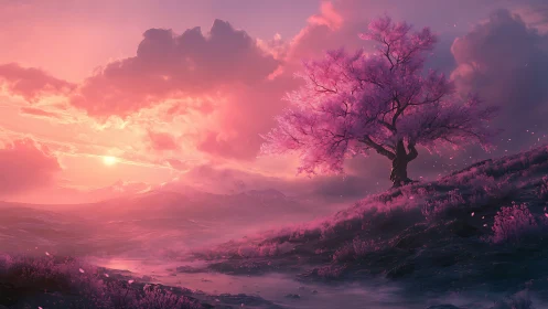Solitary pink-blossomed tree on misty hillside at sunset.