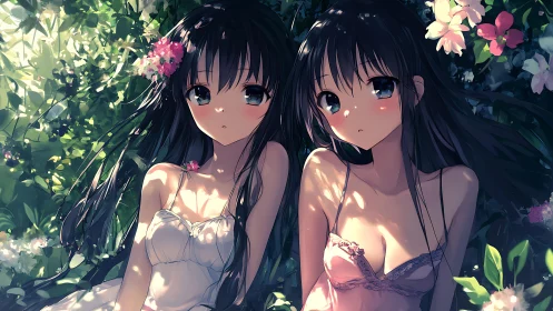 Anime twin girls in dappled floral garden light portrait.