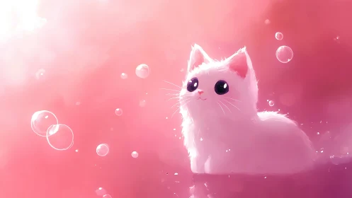 Luminous Pink Cat Among Floating Bubbles.