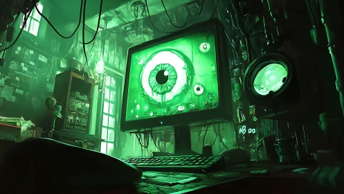 Green surveillance eye dominates cluttered digital workstation