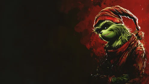 Digital painting portrait of sly green creature in red cloak.